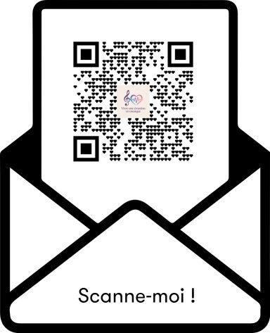 Code QR au centre d'une enveloppe avec le texte "Scanne-moi !" en dessous.