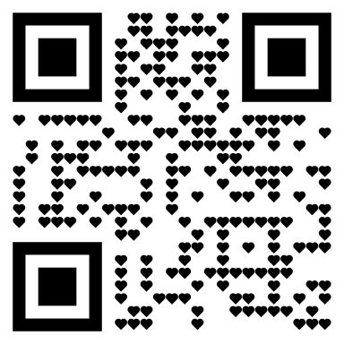 Bal des Mariés Code QR composé de cœurs noirs sur fond blanc.